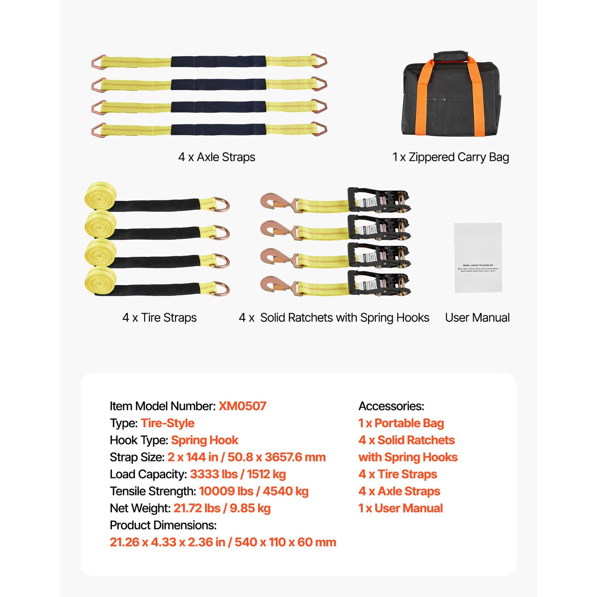 Wheel Chock Tie-Down Kit, Tire-Style Trailer Tie Down Strap, Car Tie Down Kit with Spring Hook, Break Strength 10009 lbs & Working Load 3333 lbs Motorcycle Tie-Down System for ATV, SUV, Trailer