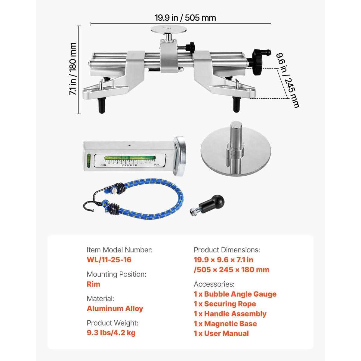 Wheel Clamp & Magnetic Adapter, 1 PCS Aluminum Alloy Wheel Alignment Tool for Precise Camber Gauge, Fits 11-25 Inch Rims, Universal Magnetic Gauge Tire Repair Tool for Car Truck SUV Motorcycle