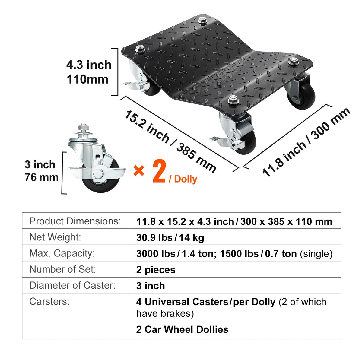 Wheel Dolly, 3000 lbs/1360 kg Car Dollies, Wheel Dolly Car Tire Stake Set of 2 Piece, Heavy-duty Car Tire Dolly Moving Cars, Trucks, Trailers, Motorcycles, and Boats