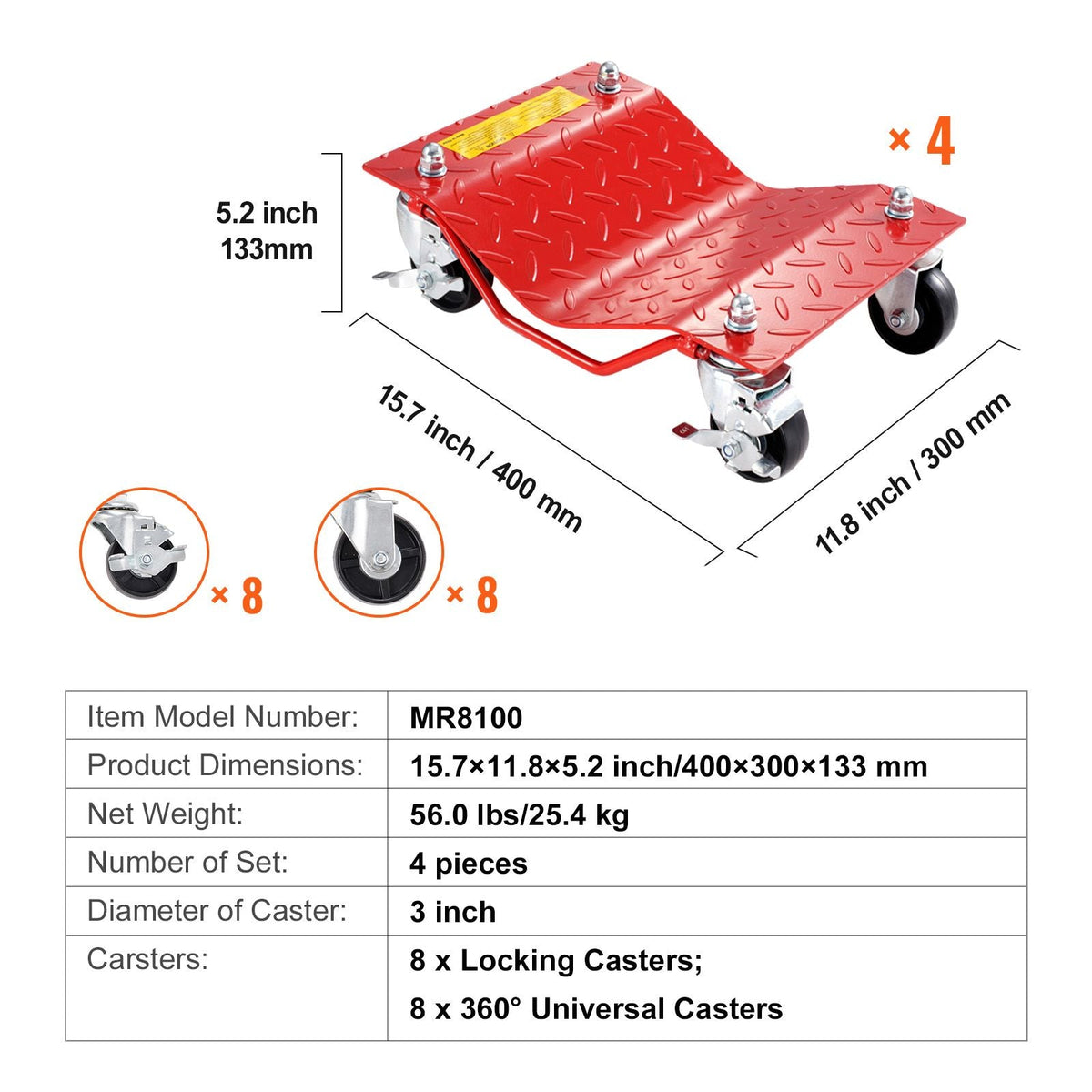 Wheel Dolly, 8000 lbs Capacity Heavy-Duty Steel Car Mover, Wheel Dolly Car Tire Stake Set with Brakes, Vehicle Moving Cart Moving Cars, Trucks, Trailers, Motorcycles, and Boats, Set of 4, Red