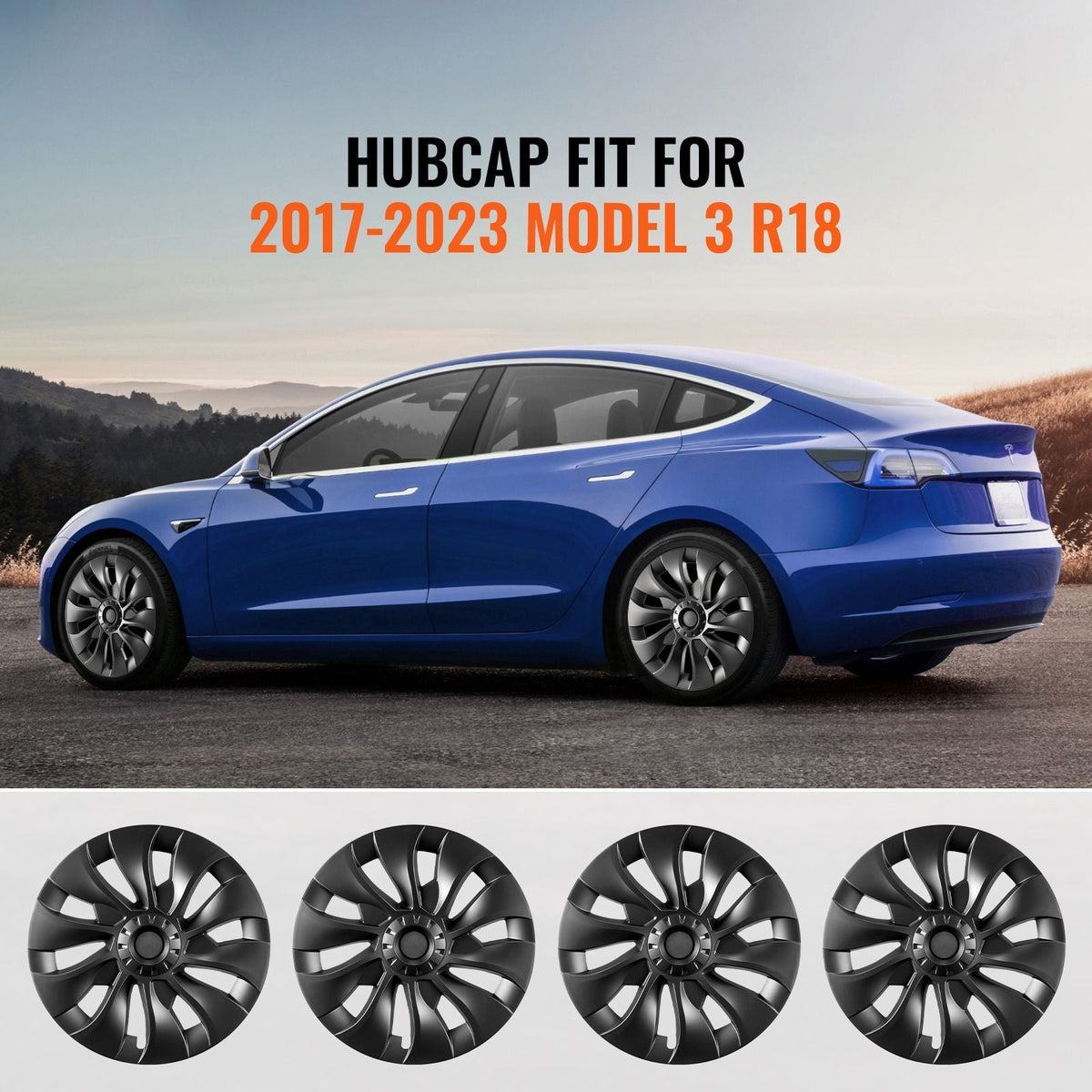 Wheel Rim Cover Hubcaps, 18 in, 2017-2023 Model 3 Fully Fit Hubcap with Snap, Guard Tape & Valve Nozzle Hole, ABS & PC Hubcap with High Rigidity & Less Wind Drag, Fits for All Weather Use