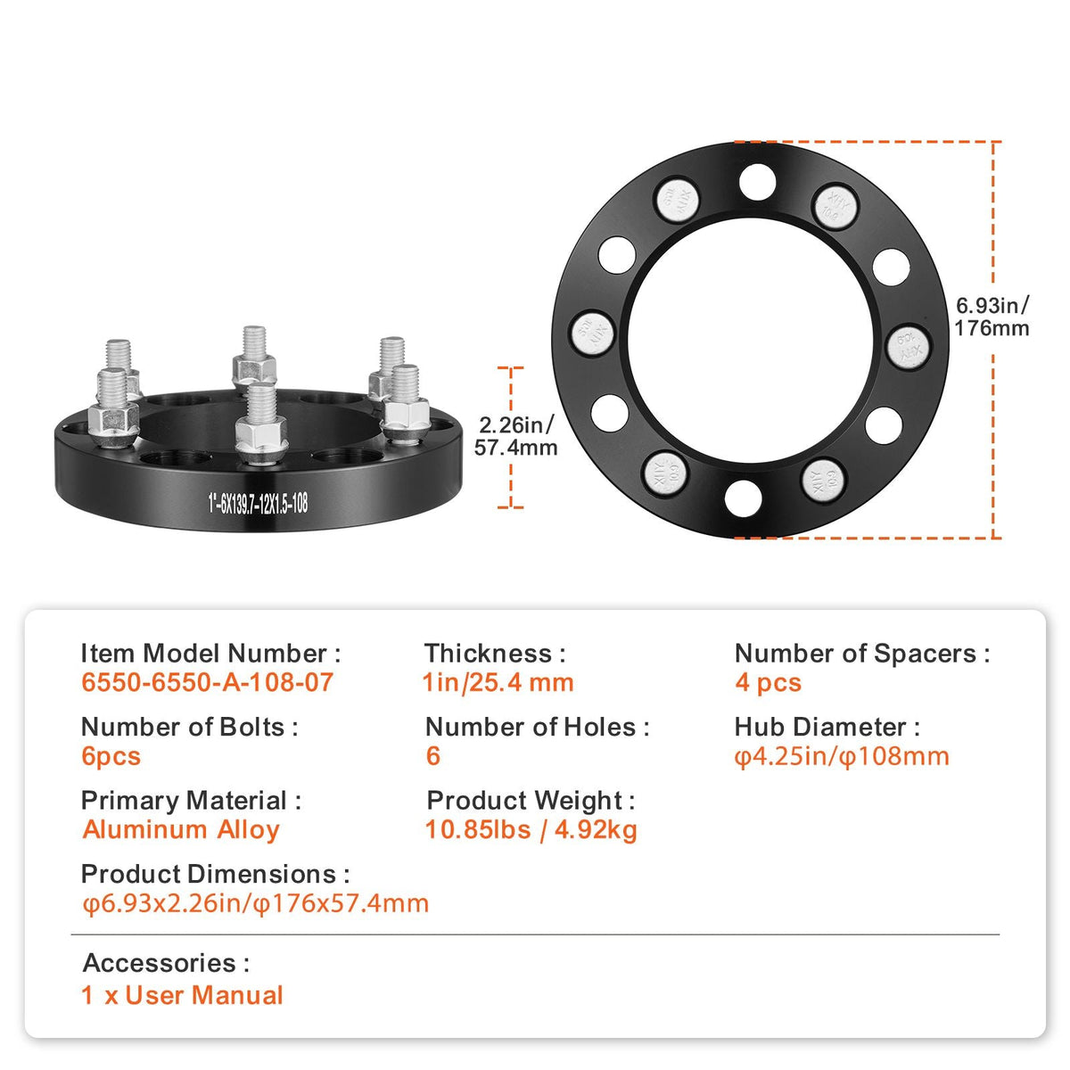 Wheel Spacers, 1" 6"x5.5" Wheel Adapters, 6 Lug Forged Spacer, 108 mm Bore Hubcentric M12 x1.5 Studs Spacers, Fit for 1979-2022 Toyota, Hummer, Lexus, Chevrolet, Honda, 4 PCS Black