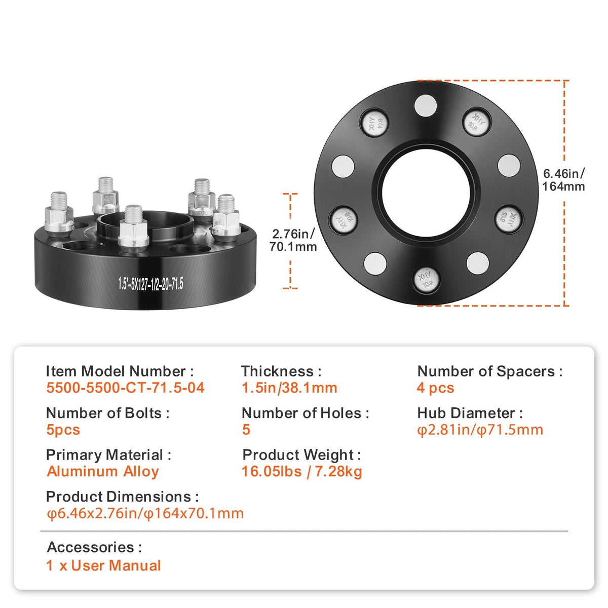 Wheel Spacers, 1.5" 5"x5.5" Wheel Adapters, 5 Lug Forged Spacer, 71.5 mm Bore Hubcentric M1/2-20 Studs Spacers, Fit for Jeep Journey, WRANGLER JK JKU, Commander XK, Marquis, 4 PCS Black