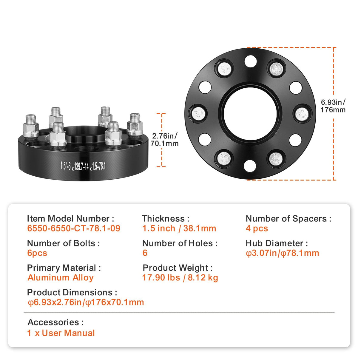 Wheel Spacers, 1.5" 6"x5" Wheel Adapters, 6 Lug Forged Spacer, 78.1 mm Bore Hubcentric M14 x1.5 Studs Spacers, Fit for 1995-2023 Chevrolet, GMC, and Cadillac, 4 PCS Black