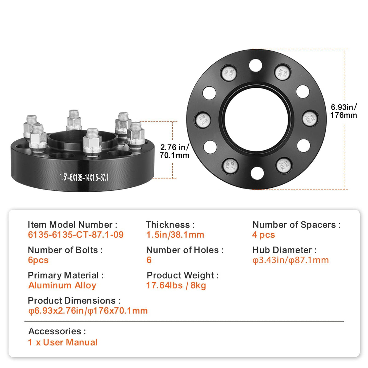 Wheel Spacers, 1.5" 6"x5.3" Wheel Adapters, 6 Lug Forged Spacer, 87.1 mm Bore Hubcentric M14 x1.5 Studs Spacers, Fit for Ford F150, Expedition, Lobo, Navigator, 4 PCS Black
