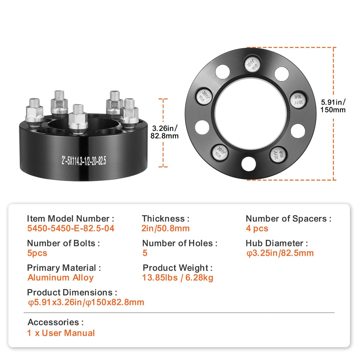 Wheel Spacers, 2" 5"x4.5" Wheel Adapters, 5 Lug Forged Spacer, 82.5 mm Bore Hubcentric 1/2"-20 Studs Spacers, Fit for 1984-2018 Jeep and Ford, 4 PCS Black