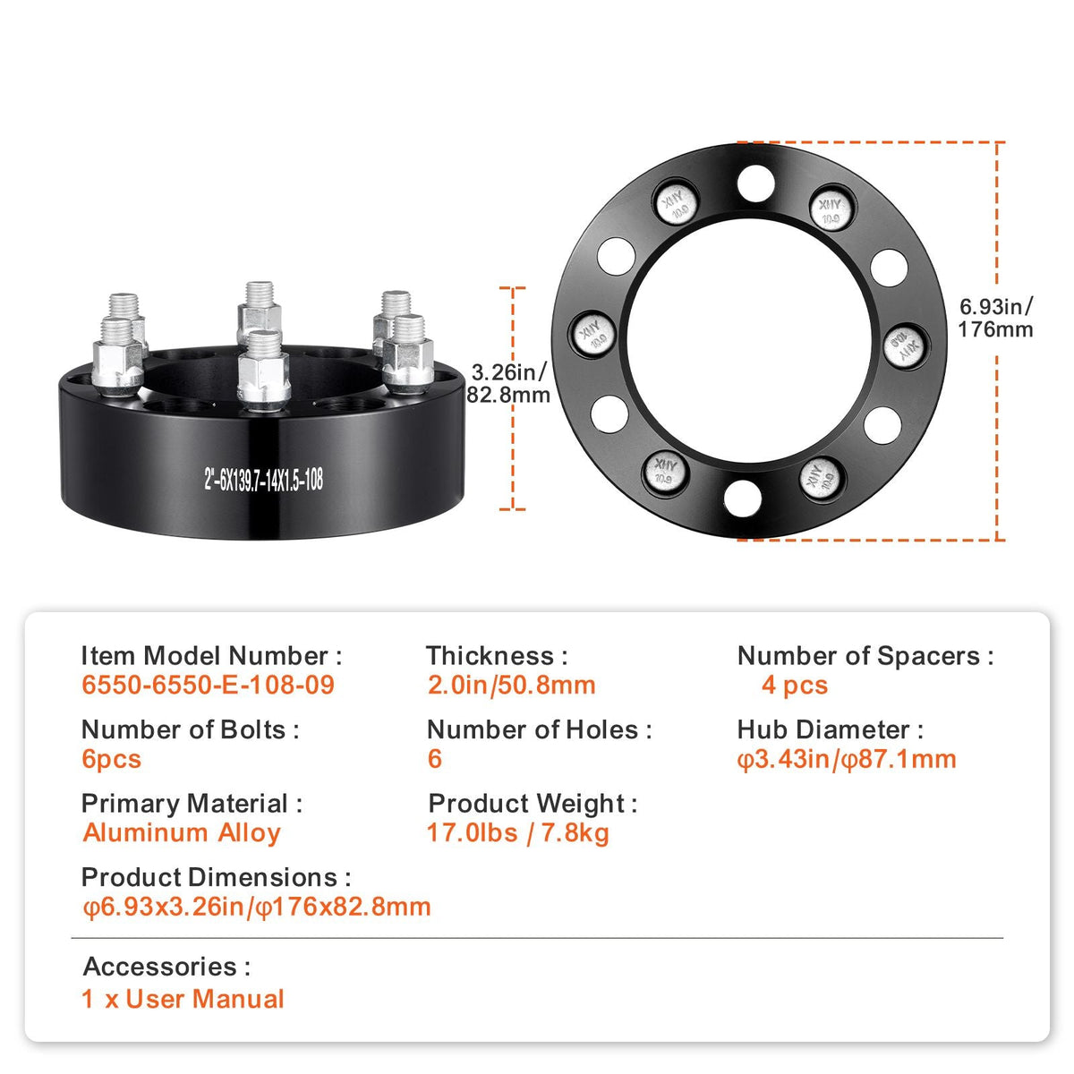 Wheel Spacers, 2" 6"x5.5" Wheel Adapters, 6 Lug Forged Spacer, 108 mm Bore Hubcentric M14 x1.5 Studs Spacers, Fit for 1988-2023 Chevrolet, GMC, and Cadillac, 4 PCS Black