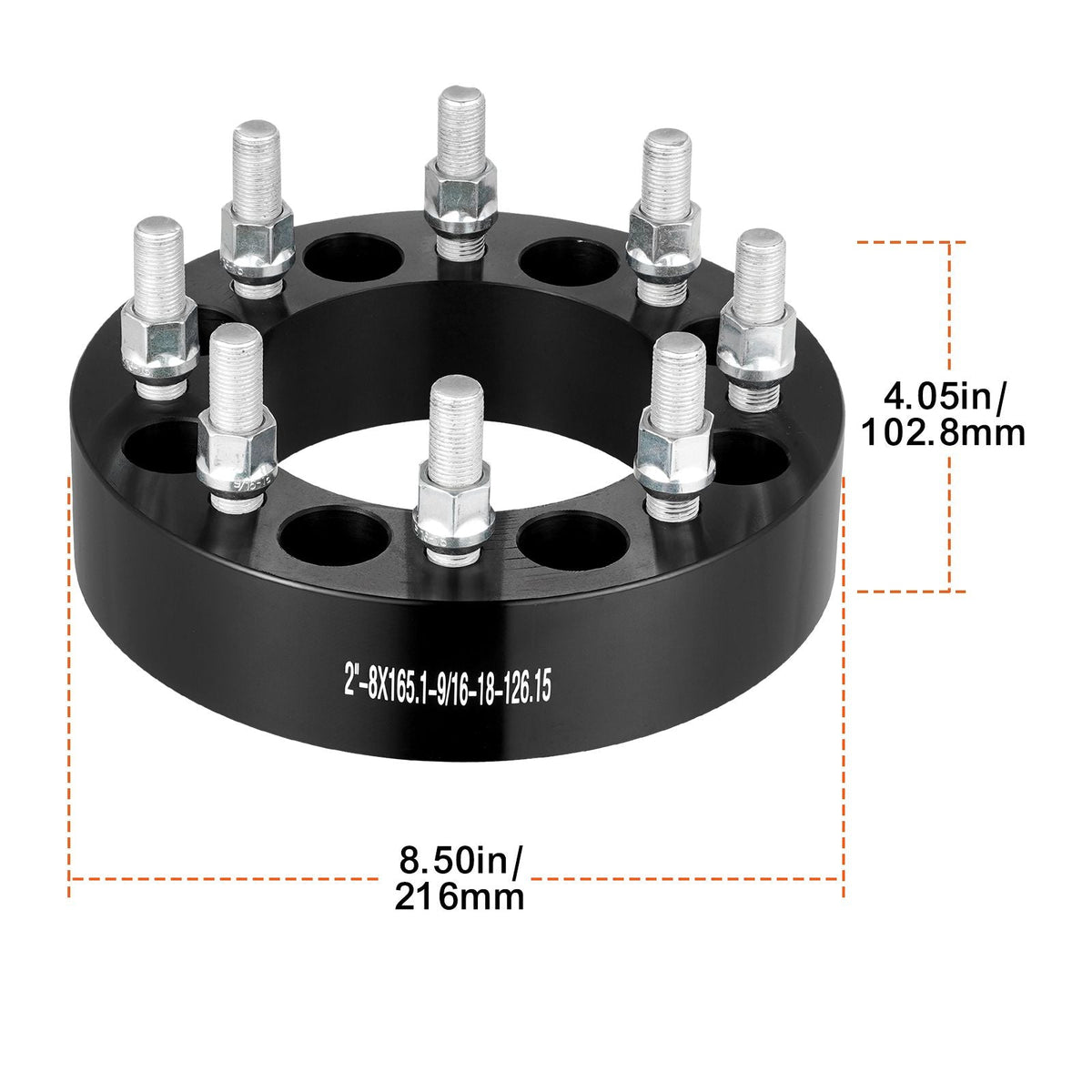 Wheel Spacers, 2" 8"x6.5" Wheel Adapters, 8 Lug Forged Spacer, 126 mm Bore Hubcentric 9/16"-18 Studs Spacers, Fit for Dodge Ram 2500, Ram 3500 and Ford F250, F350, 2 PCS Black
