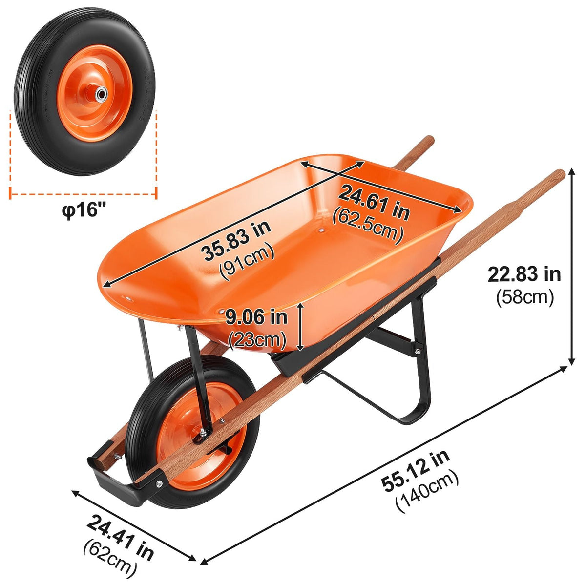 Wheelbarrow Cart, 5 Cu. Ft. Load & 330 lbs Capacity, One Wheel Garden Dump Cart, Garden Wagon with Metal Handle & 16" Wide Track Wheels, Easy Loading Utility Yard Cart & Wagons for Lawn Farm