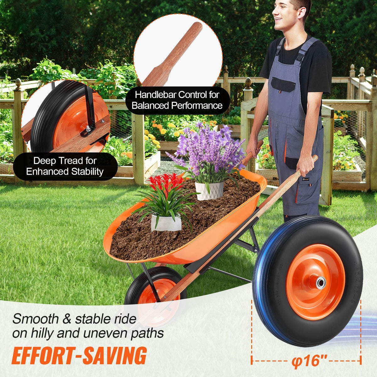 Wheelbarrow Cart, 5 Cu. Ft. Load & 330 lbs Capacity, One Wheel Garden Dump Cart, Garden Wagon with Metal Handle & 16" Wide Track Wheels, Easy Loading Utility Yard Cart & Wagons for Lawn Farm