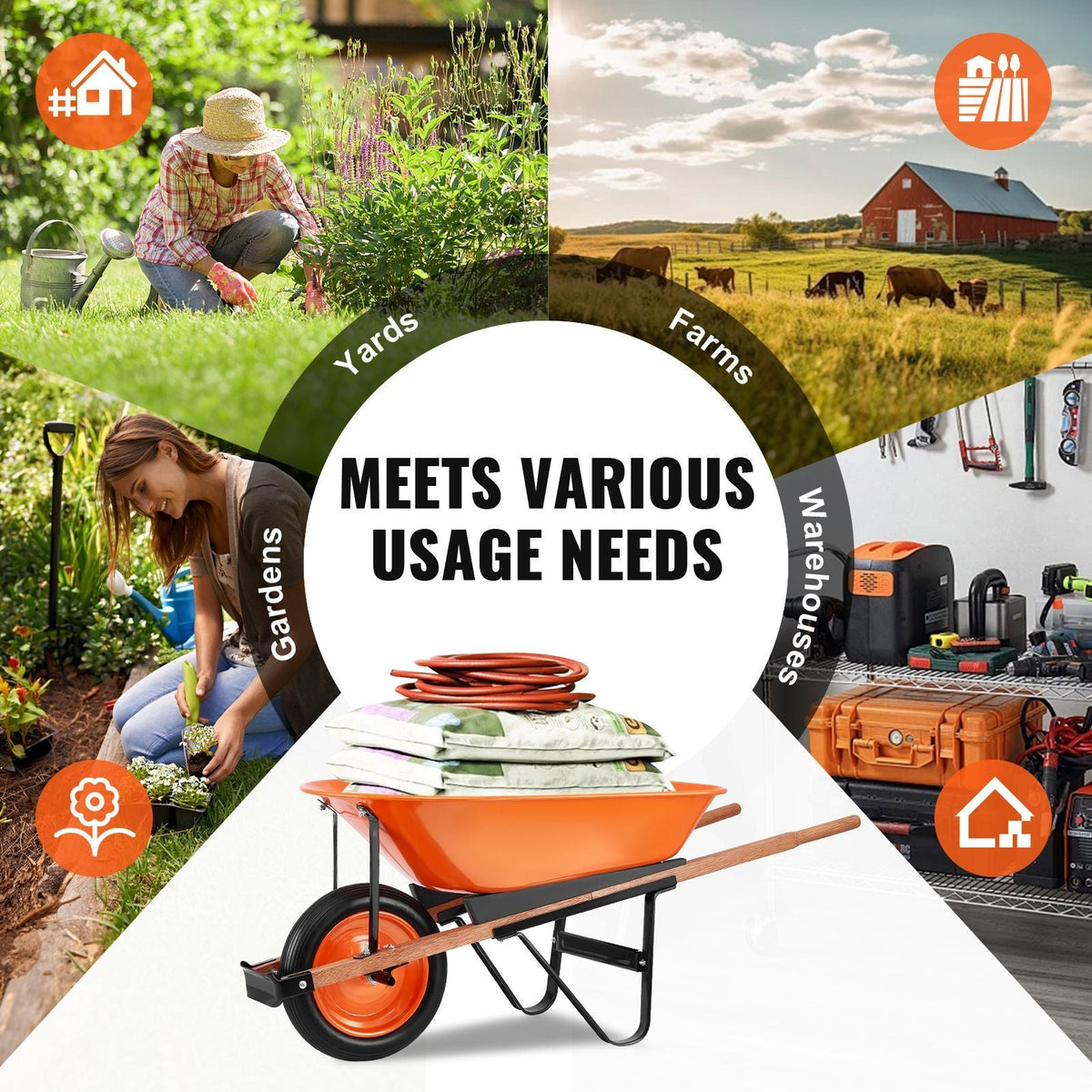 Wheelbarrow Cart, 5 Cu. Ft. Load & 330 lbs Capacity, One Wheel Garden Dump Cart, Garden Wagon with Metal Handle & 16" Wide Track Wheels, Easy Loading Utility Yard Cart & Wagons for Lawn Farm