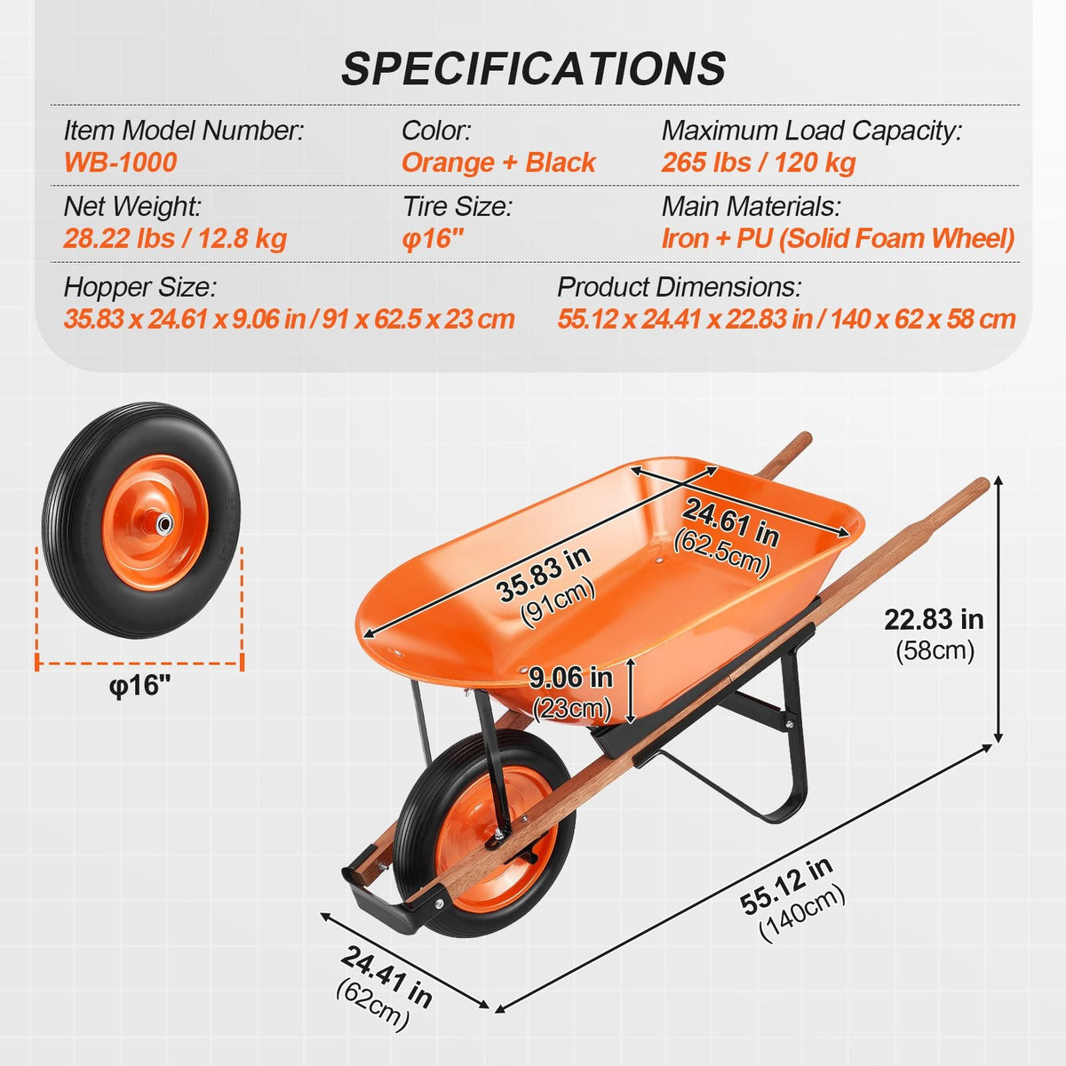 Wheelbarrow Cart, 5 Cu. Ft. Load & 330 lbs Capacity, One Wheel Garden Dump Cart, Garden Wagon with Metal Handle & 16" Wide Track Wheels, Easy Loading Utility Yard Cart & Wagons for Lawn Farm