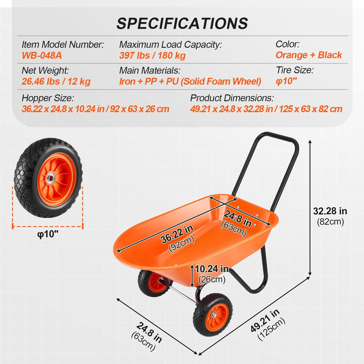 Wheelbarrow Cart, 5 Cu. Ft. Load & 397 lbs Capacity, 2 Wheels Garden Dump Cart, Garden Wagon with Handle & 10" Wide Track Wheels, Easy Loading Utility Yard Cart & Wagons for Outdoor Lawn Yard