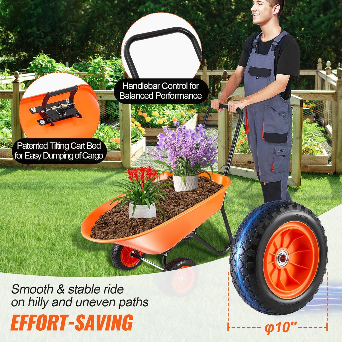Wheelbarrow Cart, 5 Cu. Ft. Load & 397 lbs Capacity, 2 Wheels Garden Dump Cart, Garden Wagon with Handle & 10" Wide Track Wheels, Easy Loading Utility Yard Cart & Wagons for Outdoor Lawn Yard