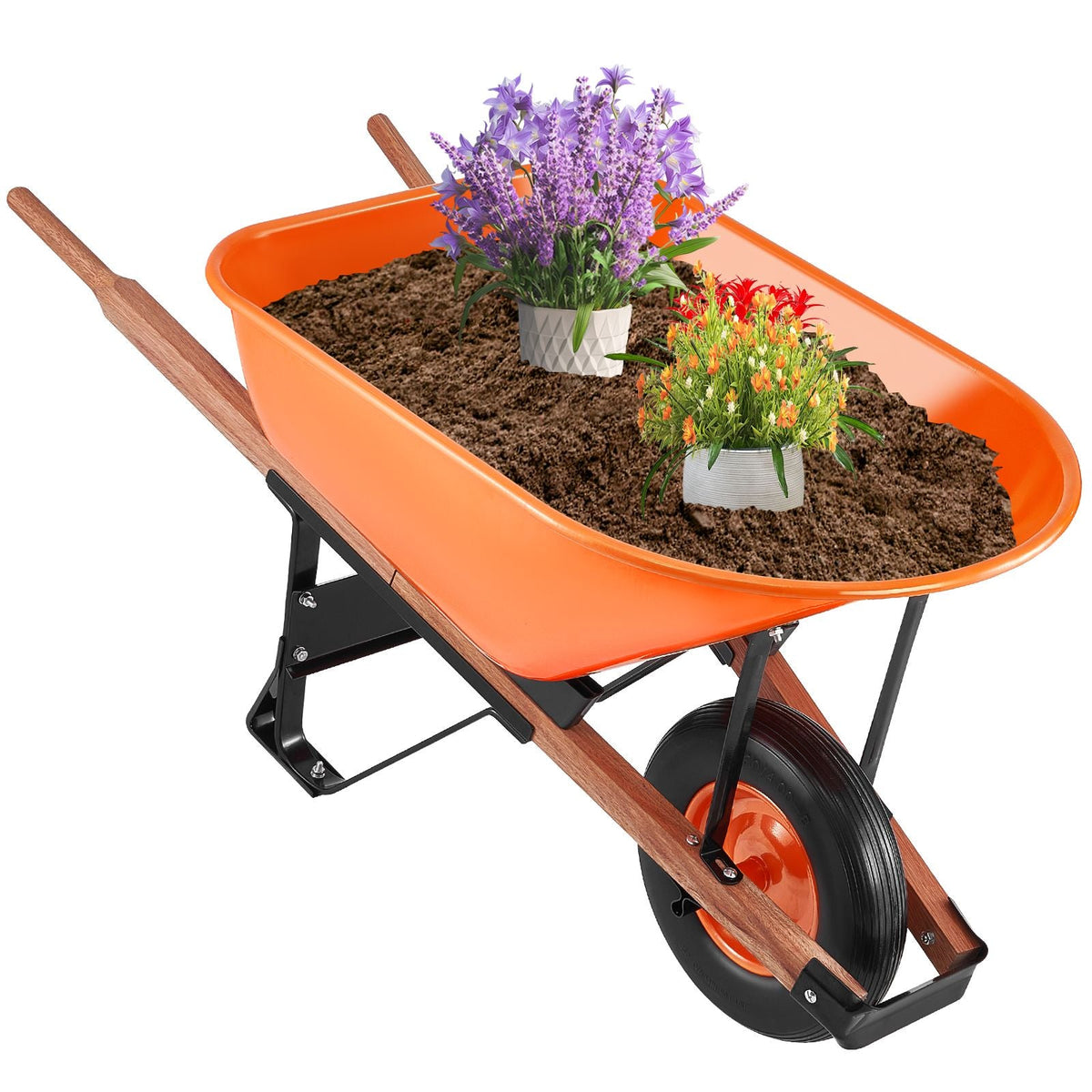 Wheelbarrow Cart, 6 Cu. Ft. Load & 330 lbs Capacity, One Wheel Garden Dump Cart Wheel Barrow with Metal Handle & 16" Wide Track Wheels, Easy Loading Utility Yard Cart & Wagons for Lawn Farm