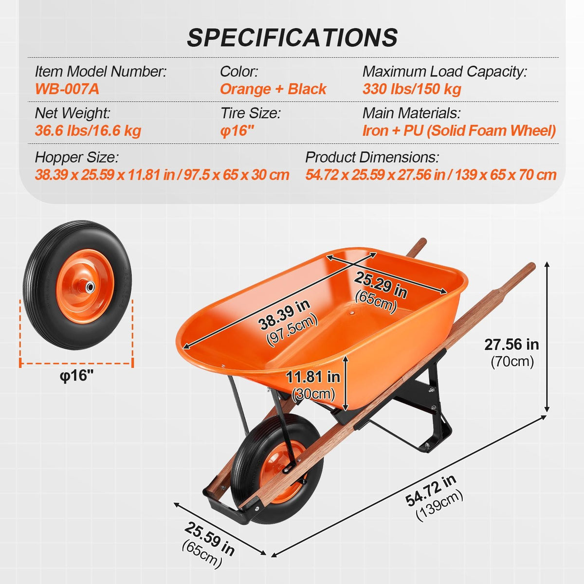 Wheelbarrow Cart, 6 Cu. Ft. Load & 330 lbs Capacity, One Wheel Garden Dump Cart Wheel Barrow with Metal Handle & 16" Wide Track Wheels, Easy Loading Utility Yard Cart & Wagons for Lawn Farm
