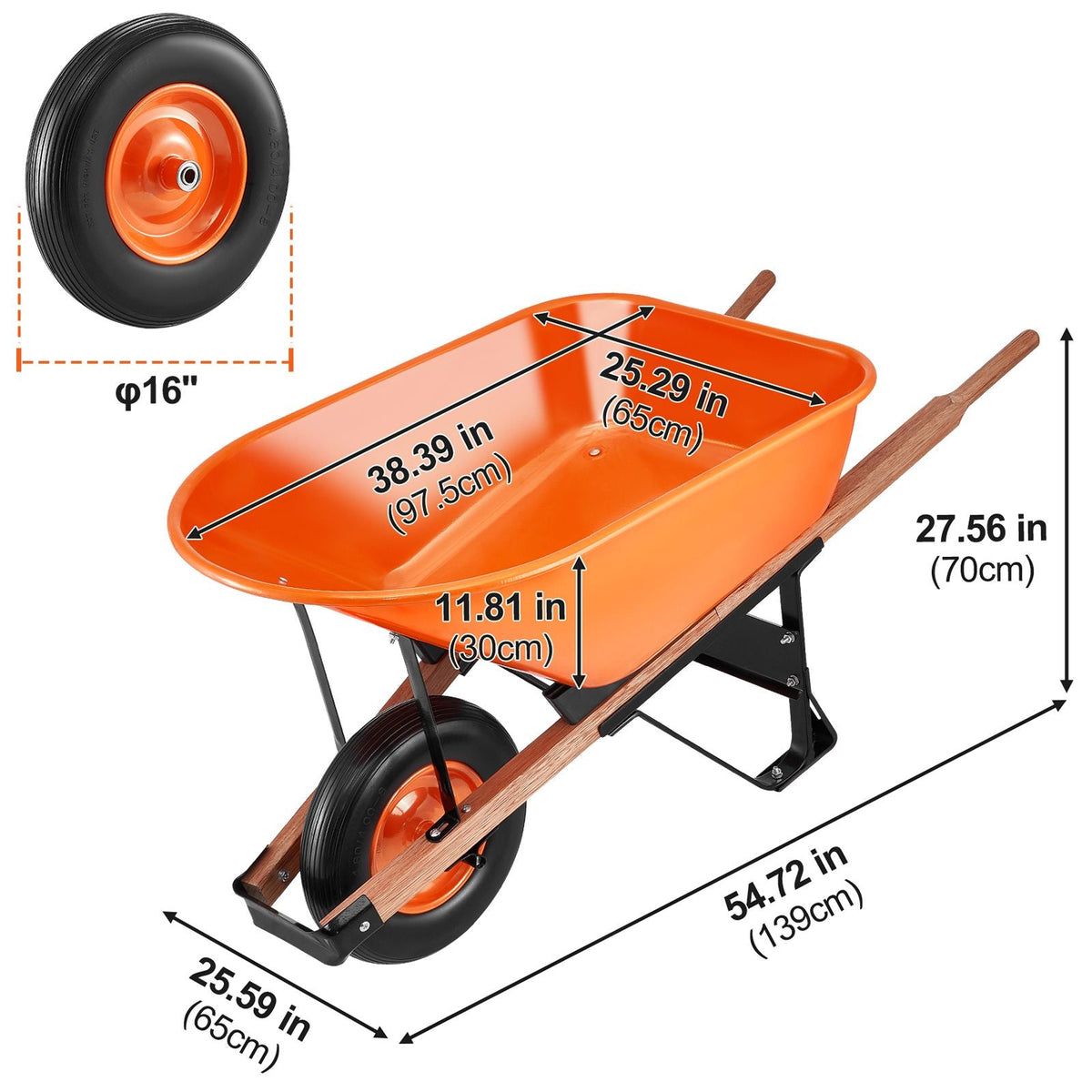 Wheelbarrow Cart, 6 Cu. Ft. Load & 330 lbs Capacity, One Wheel Garden Dump Cart Wheel Barrow with Metal Handle & 16" Wide Track Wheels, Easy Loading Utility Yard Cart & Wagons for Lawn Farm