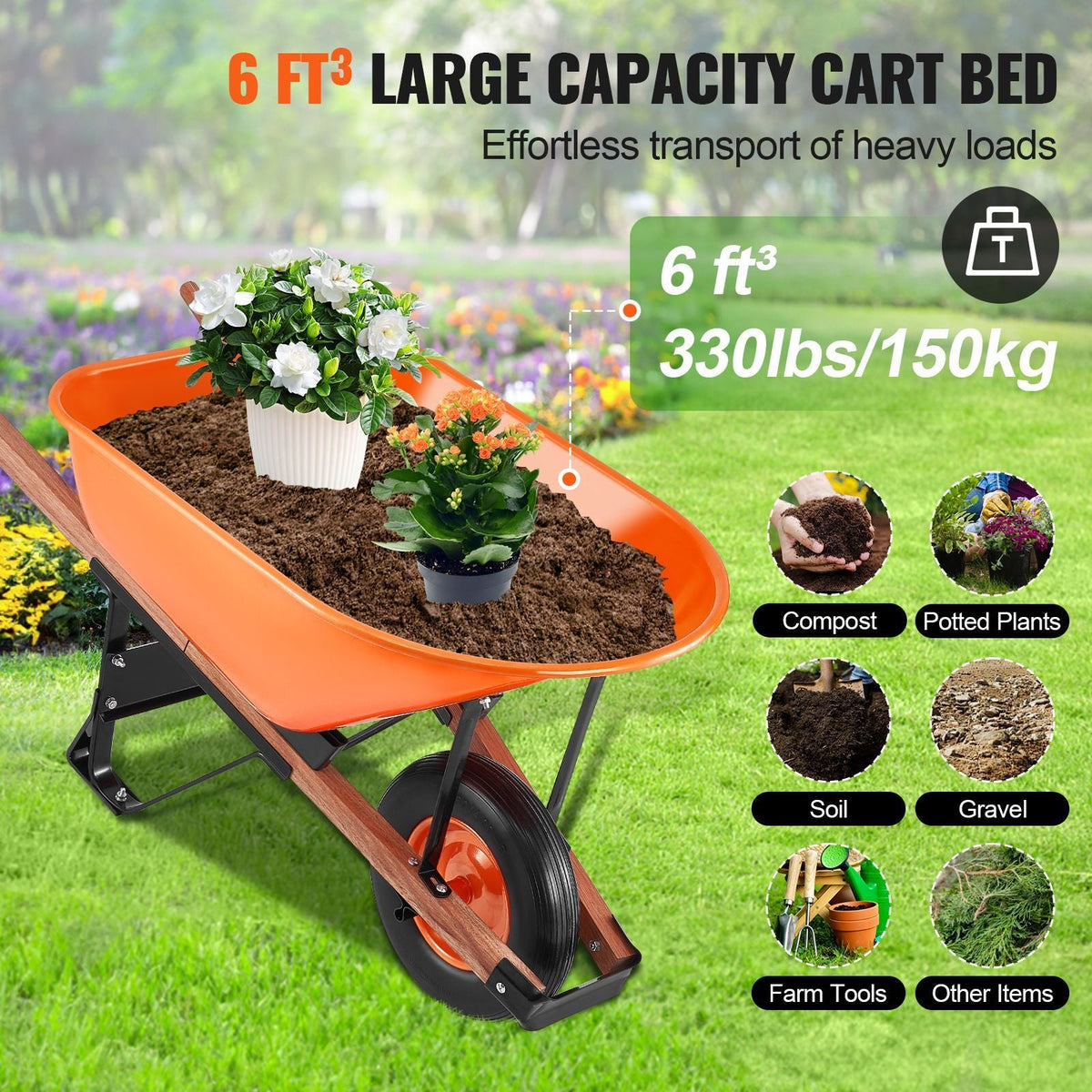 Wheelbarrow Cart, 6 Cu. Ft. Load & 330 lbs Capacity, One Wheel Garden Dump Cart Wheel Barrow with Metal Handle & 16" Wide Track Wheels, Easy Loading Utility Yard Cart & Wagons for Lawn Farm
