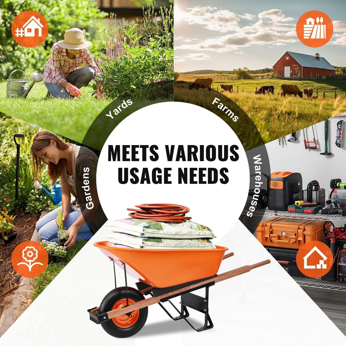 Wheelbarrow Cart, 6 Cu. Ft. Load & 330 lbs Capacity, One Wheel Garden Dump Cart Wheel Barrow with Metal Handle & 16" Wide Track Wheels, Easy Loading Utility Yard Cart & Wagons for Lawn Farm