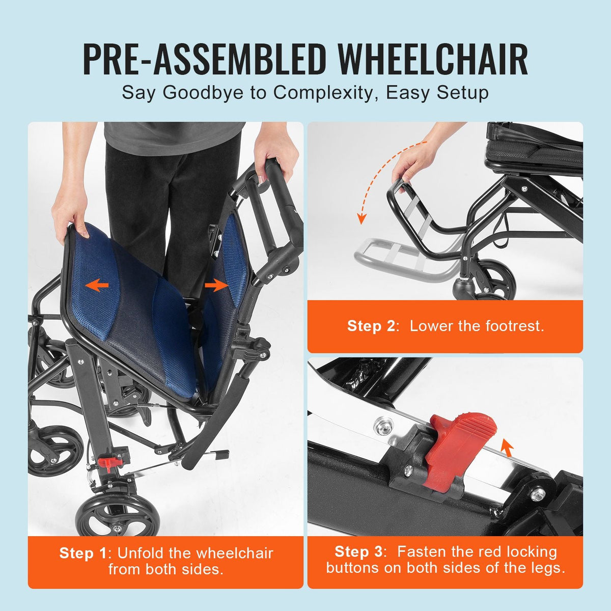 Wheelchair, Aluminum Alloy Ultra-Lightweight Transport Chair for Adults, Foldable Cabin Wheelchair with Flip-Back Desk-Length Arms, Self-locking Brake, 15.75-Inch Wide Seat, 220lbs Load