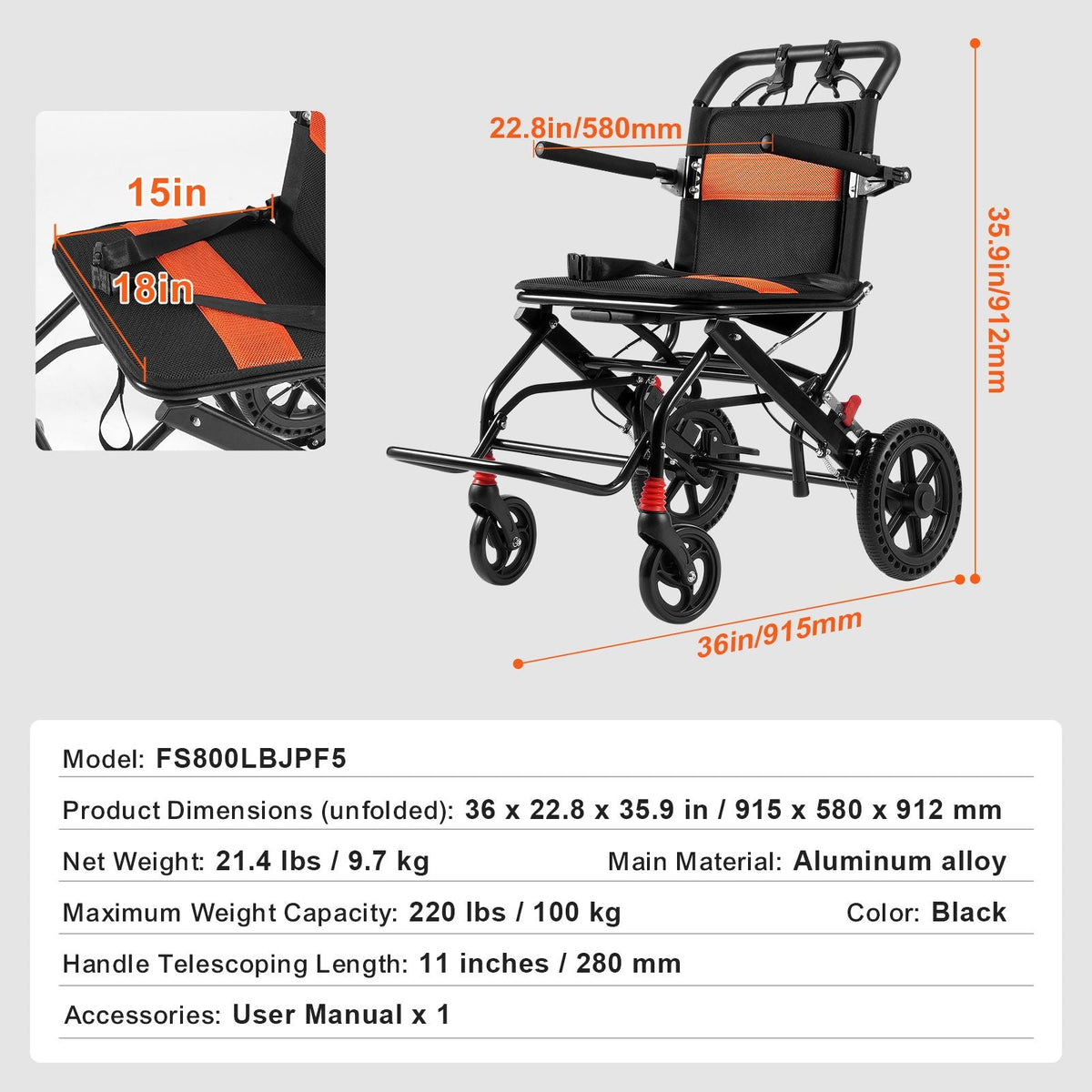 Wheelchair, Aluminum Alloy Ultra-Lightweight Transport Chair for Adults, Foldable Wheelchair with Flip-Back Desk-Length Arms, Self-locking Brake, 18-Inch Wide Seat, 220lbs Weight Capacity