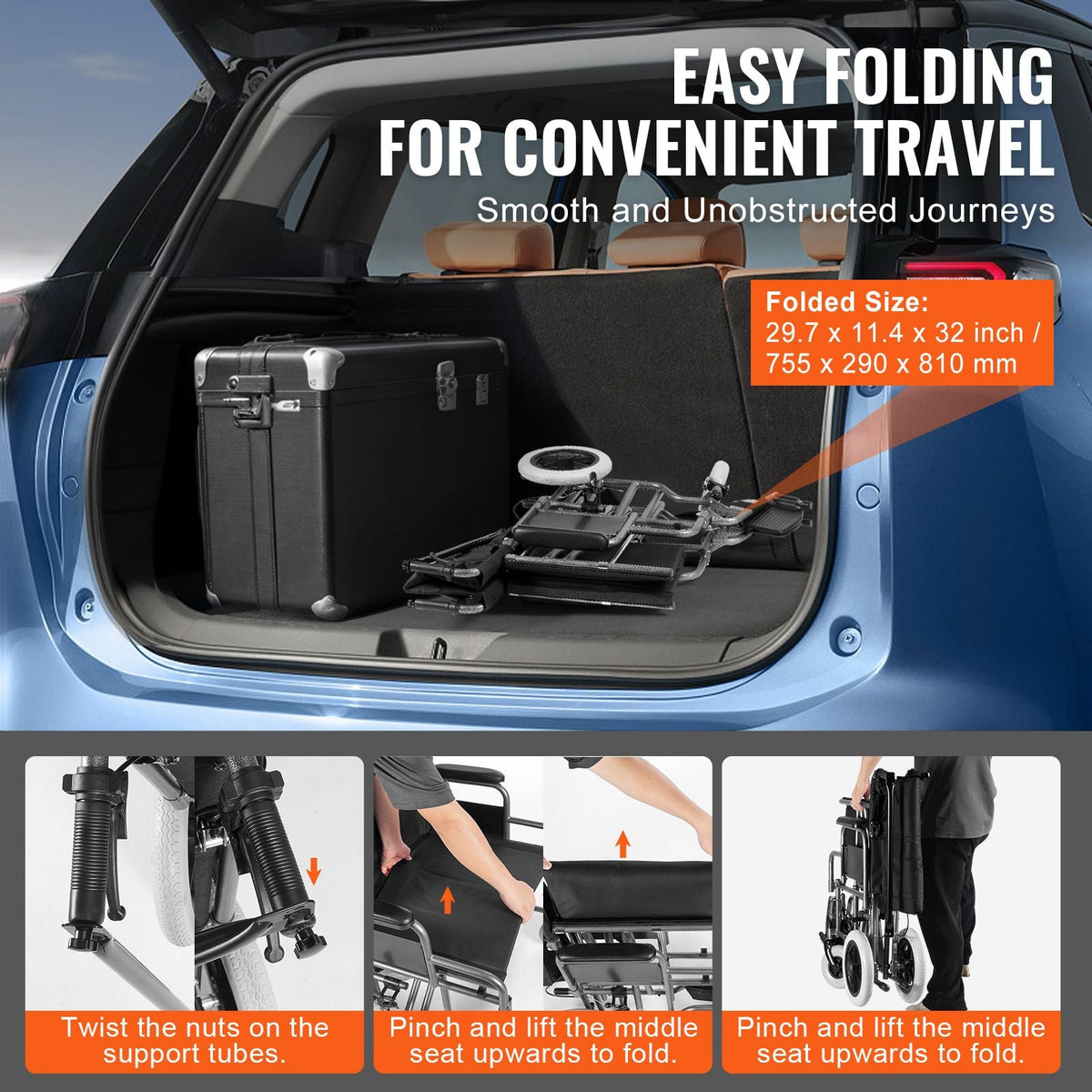 Wheelchair, Carbon Steel Transport Chair for Adults, Foldable Wheelchair with Detachable Armrest, Self-locking Brake, 24-Inch Wide Seat, 300lbs Weight Capacity, for the Disabled Move Freely