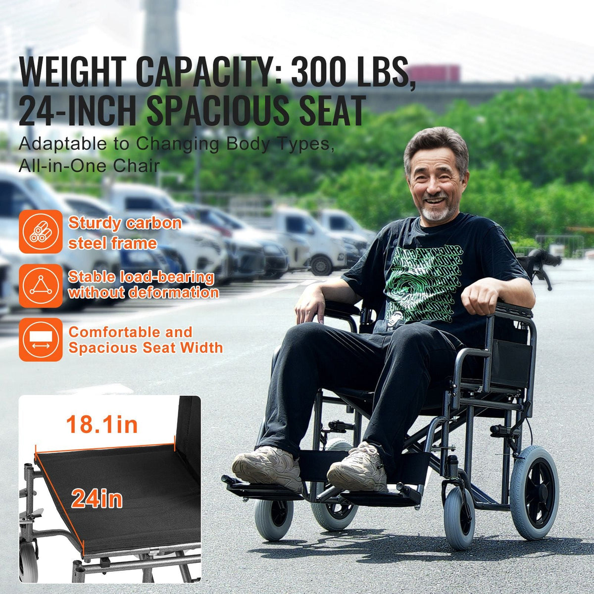 Wheelchair, Carbon Steel Transport Chair for Adults, Foldable Wheelchair with Detachable Armrest, Self-locking Brake, 24-Inch Wide Seat, 300lbs Weight Capacity, for the Disabled Move Freely