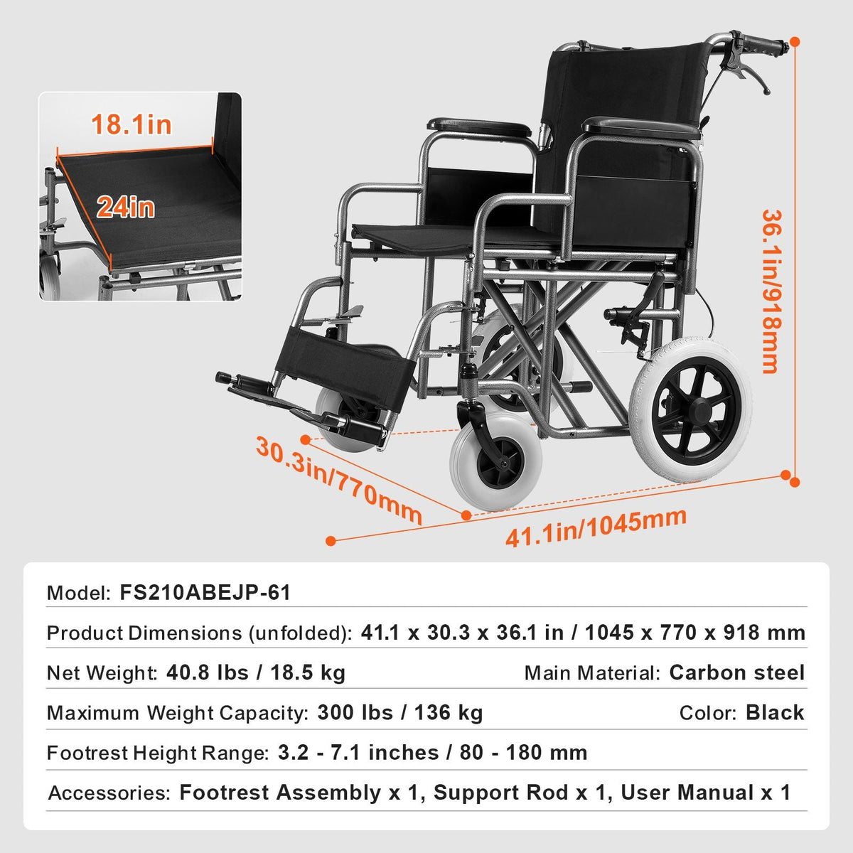 Wheelchair, Carbon Steel Transport Chair for Adults, Foldable Wheelchair with Detachable Armrest, Self-locking Brake, 24-Inch Wide Seat, 300lbs Weight Capacity, for the Disabled Move Freely