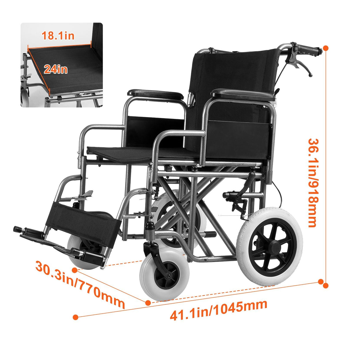 Wheelchair, Carbon Steel Transport Chair for Adults, Foldable Wheelchair with Detachable Armrest, Self-locking Brake, 24-Inch Wide Seat, 300lbs Weight Capacity, for the Disabled Move Freely