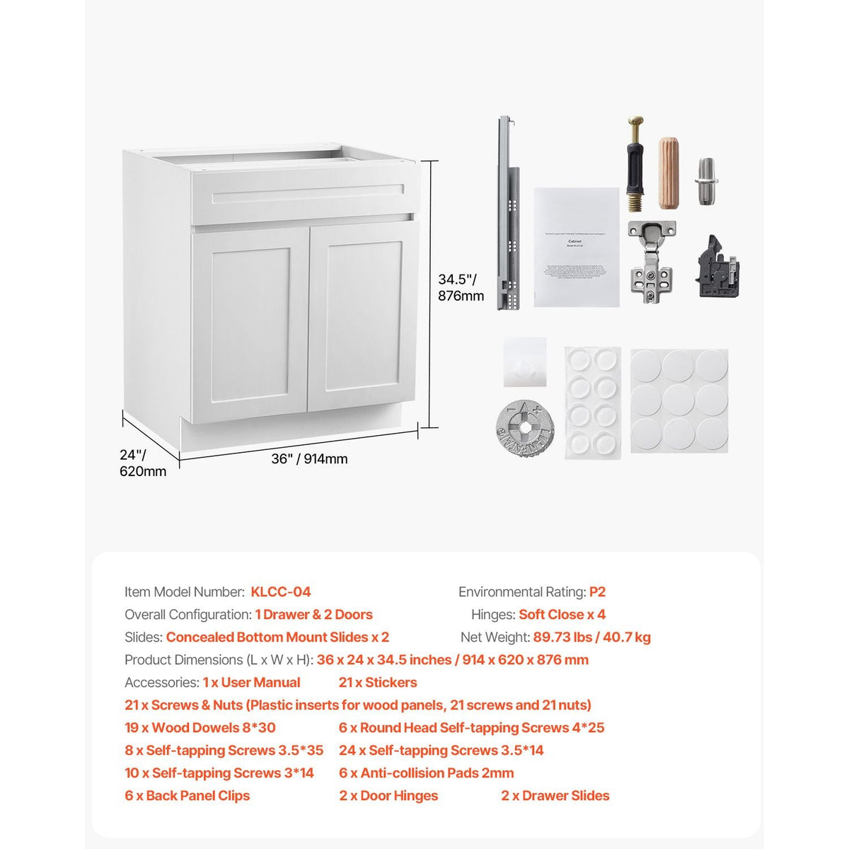 White Shaker Base Cabinet with Drawer, 36-Inch Unassembled Drawer Base Cabinet, 36" W x 24" D x 34.5" H Ready to Assemble Cabinet with Soft-Close Doors and Adjustable Shelf, for Home Office