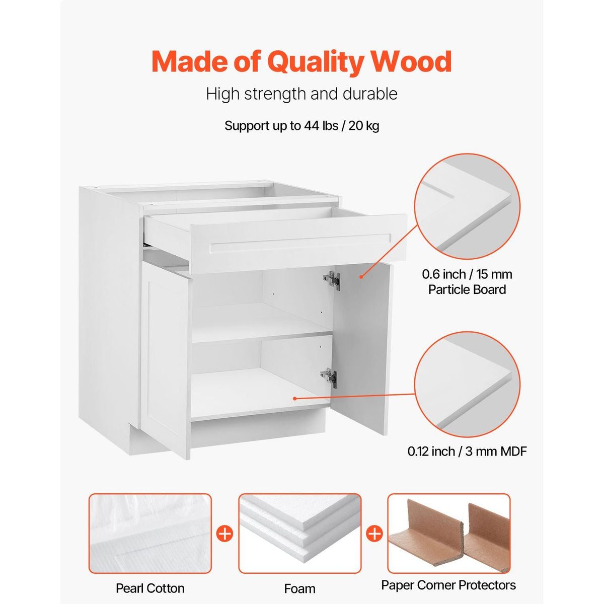 White Shaker Base Cabinet with Drawer, 36-Inch Unassembled Drawer Base Cabinet, 36" W x 24" D x 34.5" H Ready to Assemble Cabinet with Soft-Close Doors and Adjustable Shelf, for Home Office