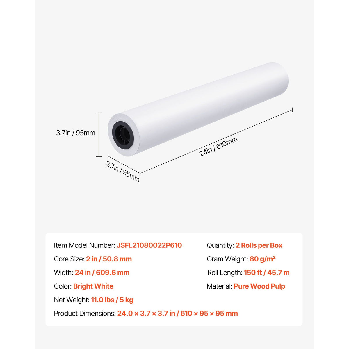 Wide Format Paper, 24 in x 150 ft Plotter Roll, 2 Rolls CAD Bond Rolls with 2 in Core, 20 LB Bond Paper Rolls, Ideal for CAD Drawings, Engineering Plans, GIS Maps, and Architectural Designs