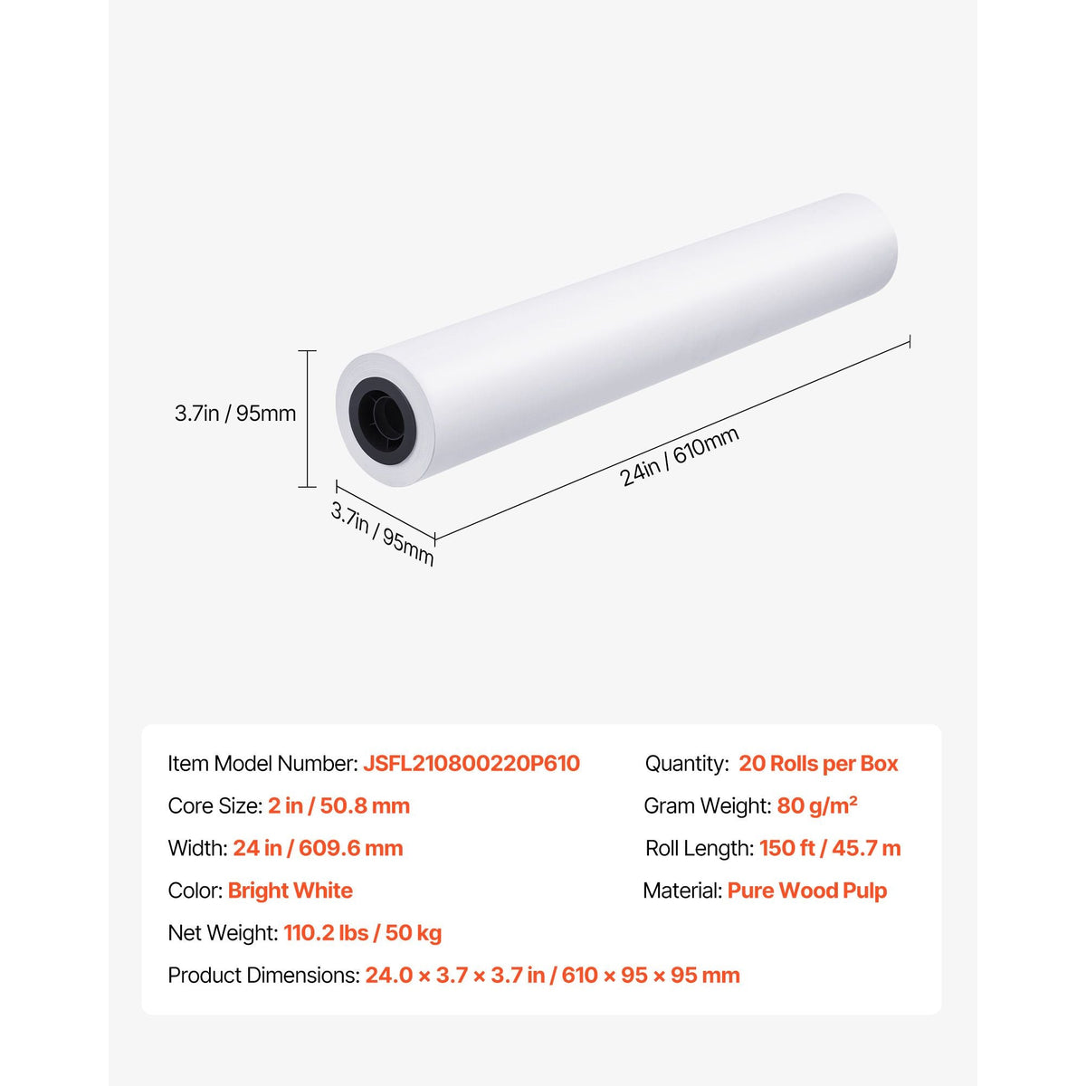 Wide Format Paper, 24 in x 150 ft Plotter Roll, 20 Rolls CAD Bond Rolls with 2 in Core, 20 LB Bond Paper Rolls, Ideal for CAD Drawings, Engineering Plans, GIS Maps, and Architectural Designs