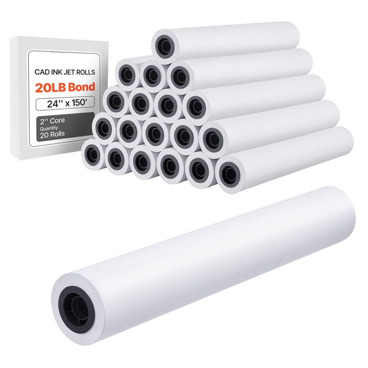Wide Format Paper, 24 in x 150 ft Plotter Roll, 20 Rolls CAD Bond Rolls with 2 in Core, 20 LB Bond Paper Rolls, Ideal for CAD Drawings, Engineering Plans, GIS Maps, and Architectural Designs