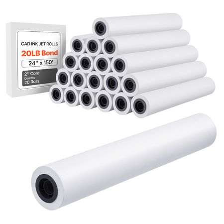 Wide Format Paper, 24 in x 150 ft Plotter Roll, 20 Rolls CAD Bond Rolls with 2 in Core, 20 LB Bond Paper Rolls, Ideal for CAD Drawings, Engineering Plans, GIS Maps, and Architectural Designs