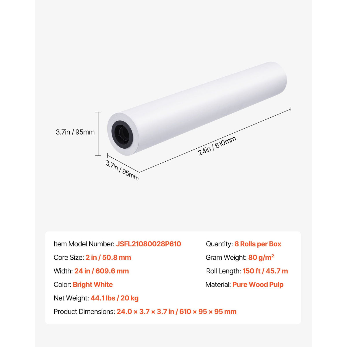 Wide Format Paper, 24 in x 150 ft Plotter Roll, 8 Rolls CAD Bond Rolls with 2 in Core, 20 LB Bond Paper Rolls, Ideal for CAD Drawings, Engineering Plans, GIS Maps, and Architectural Designs