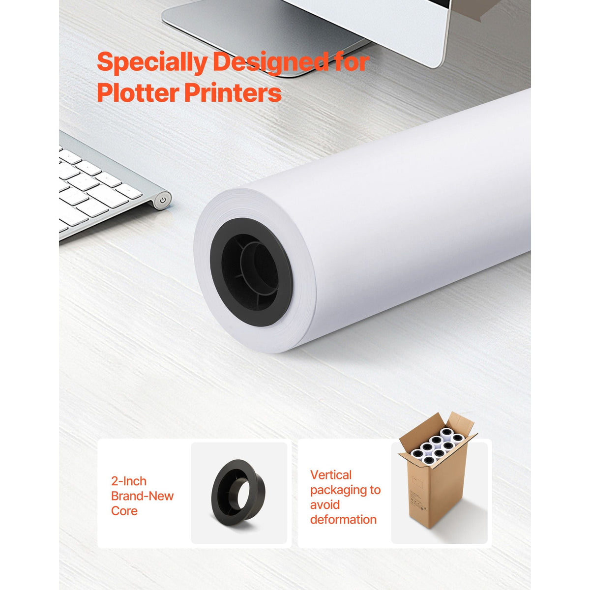 Wide Format Paper, 24 in x 150 ft Plotter Roll, 8 Rolls CAD Bond Rolls with 2 in Core, 20 LB Bond Paper Rolls, Ideal for CAD Drawings, Engineering Plans, GIS Maps, and Architectural Designs