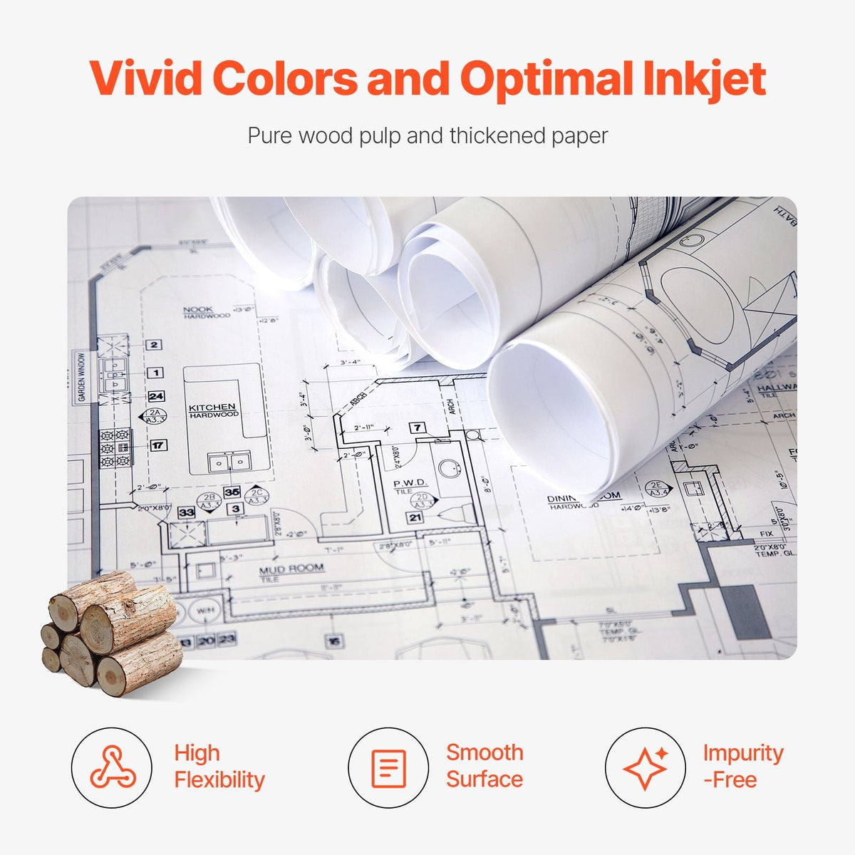 Wide Format Paper, 24 in x 500 ft Plotter Paper, 2 Rolls CAD Bond Rolls with 3 in Core, 20 LB Bond Paper Rolls, Idea for CAD Drawings, Engineering Plans, GIS Maps & Architectural Designs