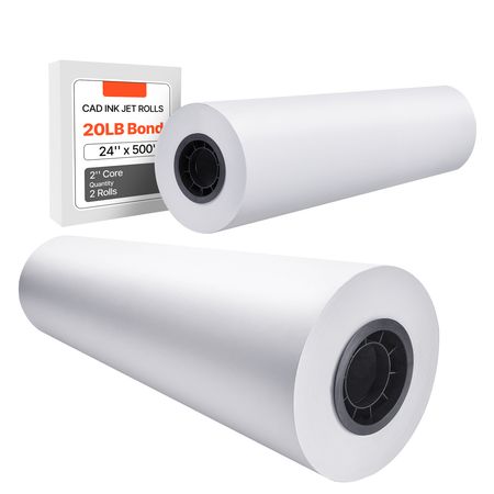 Wide Format Paper, 24 in x 500 ft Plotter Paper, 2 Rolls CAD Bond Rolls with 3 in Core, 20 LB Bond Paper Rolls, Idea for CAD Drawings, Engineering Plans, GIS Maps & Architectural Designs