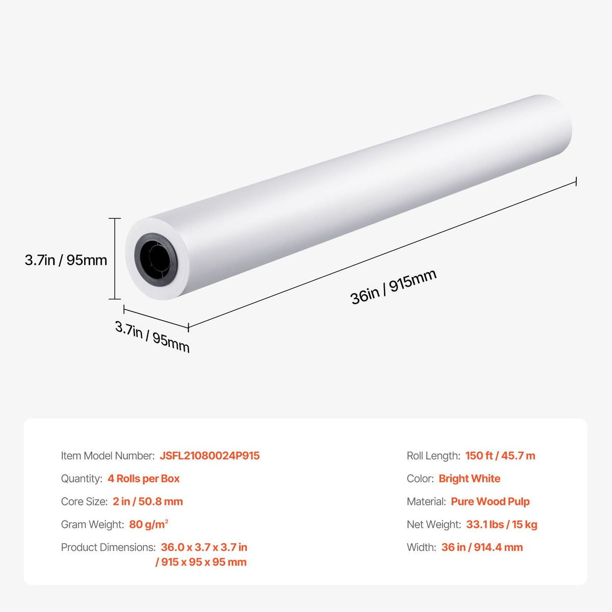 Wide Format Paper, 36 in x 150 ft Plotter Paper, 4 Rolls CAD Bond Rolls with 2 in Core, 20 LB Bond Paper Rolls, Idea for CAD Drawings, Engineering Plans, GIS Maps & Architectural Designs