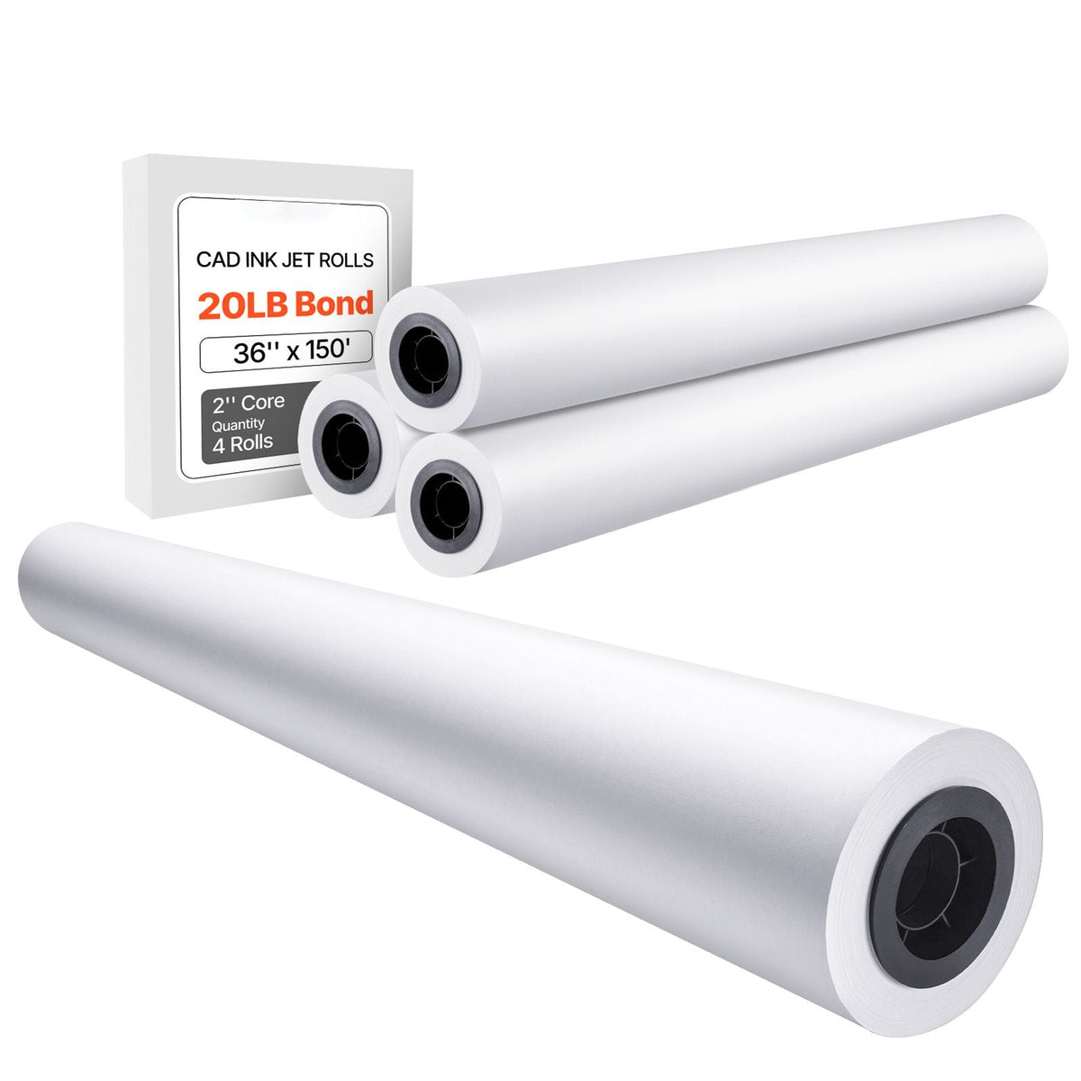 Wide Format Paper, 36 in x 150 ft Plotter Paper, 4 Rolls CAD Bond Rolls with 2 in Core, 20 LB Bond Paper Rolls, Idea for CAD Drawings, Engineering Plans, GIS Maps & Architectural Designs