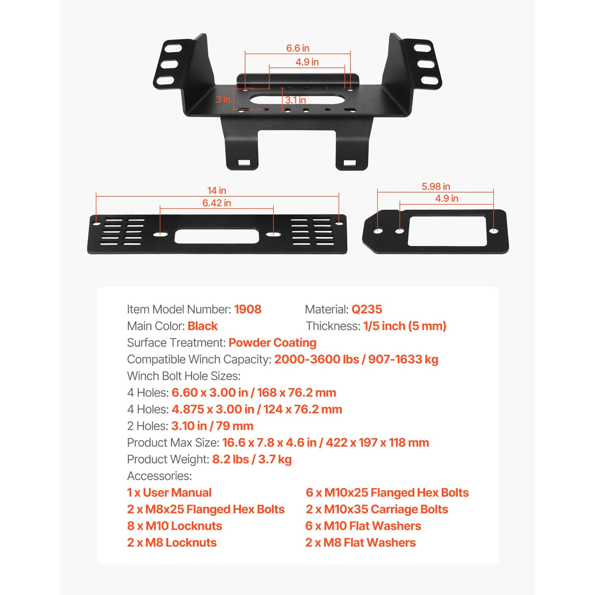 Winch Mount, Winch Capacity of 907-1633 kg, Trailer Hitch Winch Mount for Select Polaris Ranger Models (2010-2021), 3 Mounting Hole Design, Powder Coated Steel, Fit for Muddy Road Rescue