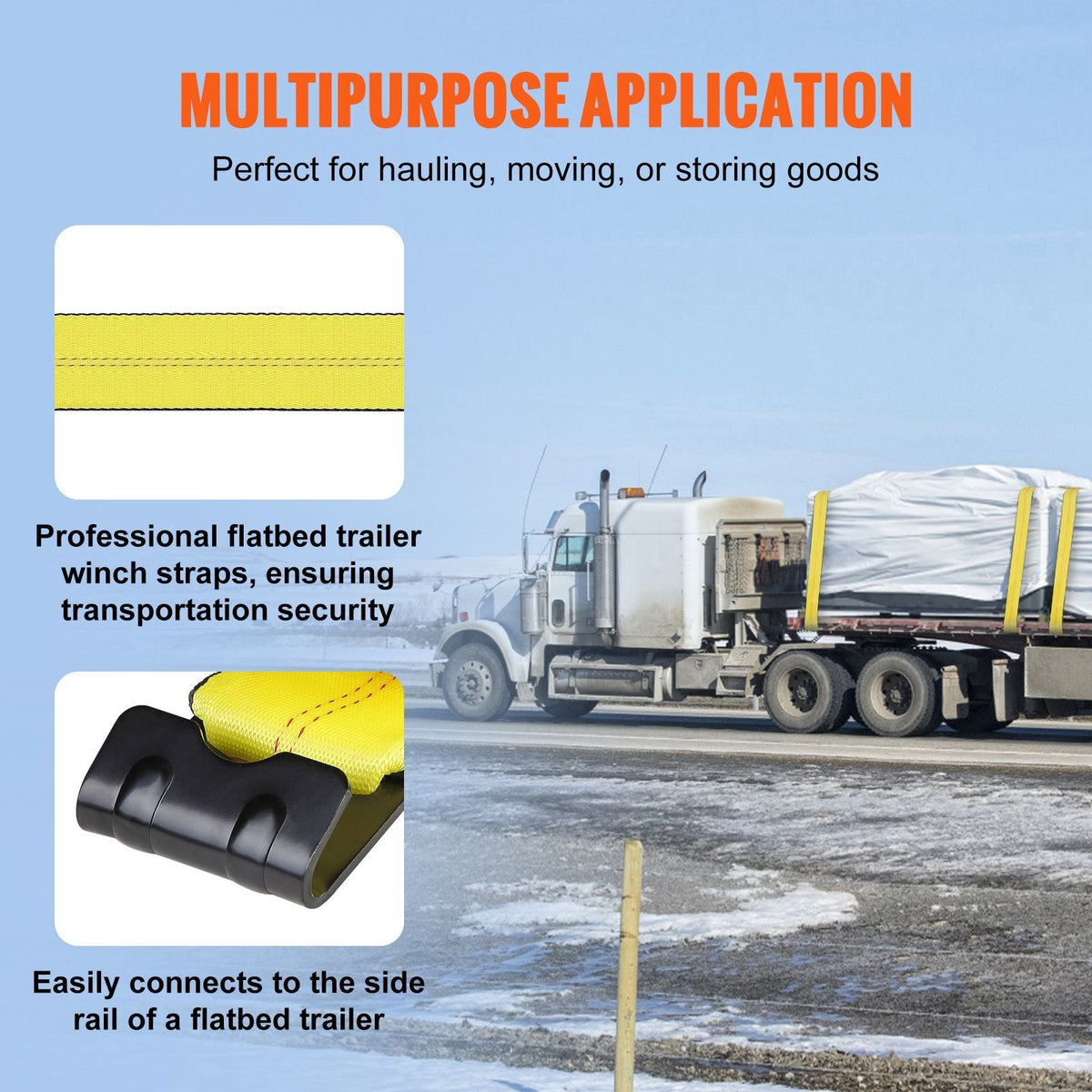 Winch Straps, 4" x 30', 6000 lbs Load Capacity, 18000 lbs Break Strength, Truck Straps with Flat Hook, Flatbed Tie Downs Cargo Control for Trailers, Farms, Rescues, Tree Saver, Yellow (4 Pack)