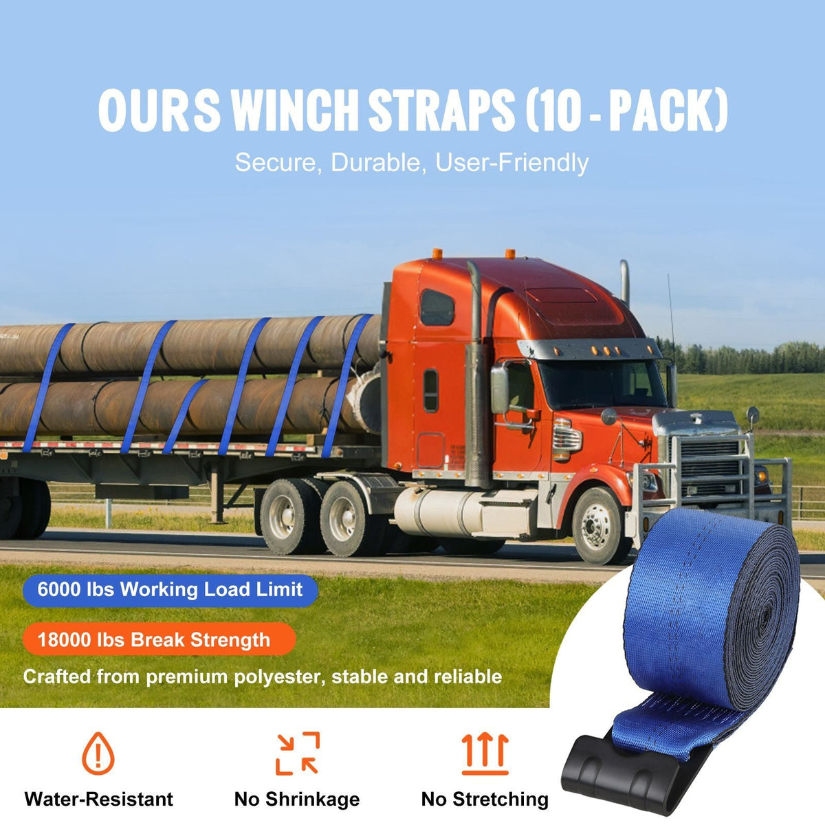 Winch Straps, 4" x 30', 6000 lbs Load Capacity, 18000 lbs Breaking Strength, Truck Straps with Flat Hook, Flatbed Tie Downs Cargo Control for Trailers, Farms, Rescues, Tree Saver, Blue (10 Pack)