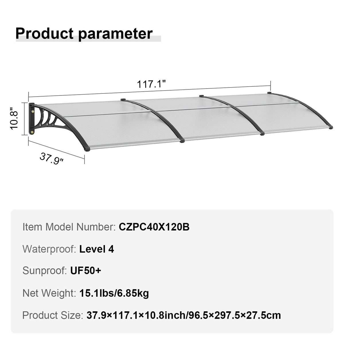 Window Door Awning Canopy, 38" x 117" Door Canopy Exterior, UF50+ PC Sunshade Sheet Awnings, Outdoor Patio Awning Sun Shade, Transparent, Waterproof, for Sun Shutter, UV, Rain, Snow Protection
