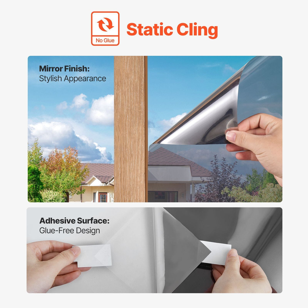 Window Privacy Film, One Way Window Tint, Daytime Mirror Reflective Heat Control Glass, Static Cling Sun Blocking See out Not in Window Film for Home and Office, Black-Silver, 35.4 in x 13.1 ft