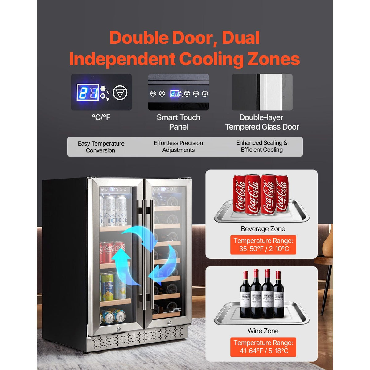 Wine and Beverage Refrigerator, 24 in Dual Zone Wine Cooler, Built-in & Freestanding Fridge with Glass Doors, Adjustable Shelves, Digital Temperature Control, 64 Cans and 20 Bottles Capacity