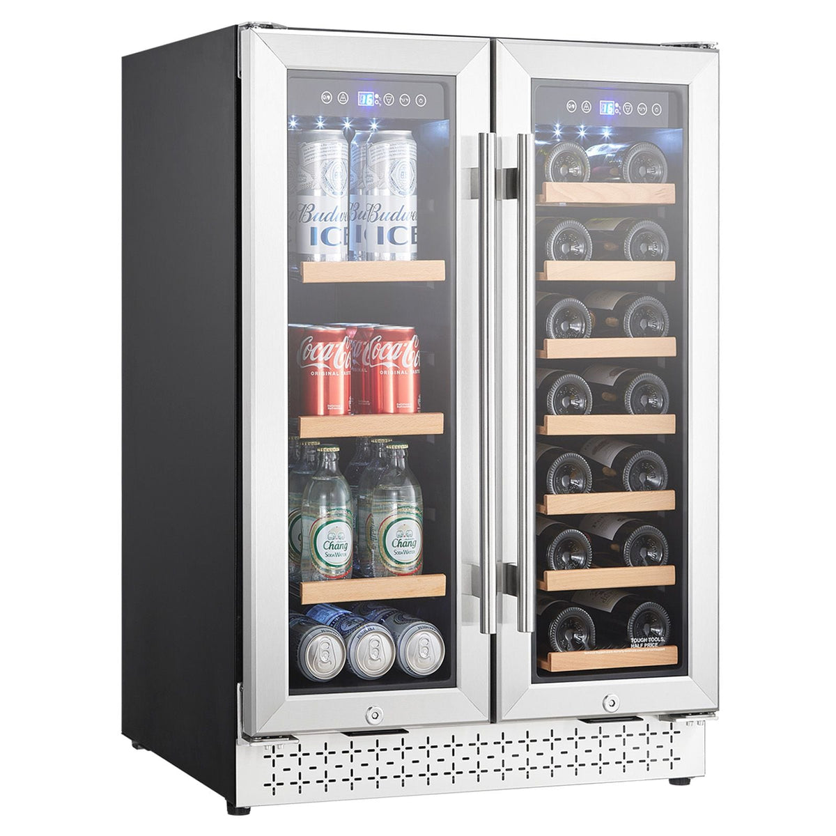 Wine and Beverage Refrigerator, 24 in Dual Zone Wine Cooler, Built-in & Freestanding Fridge with Glass Doors, Adjustable Shelves, Digital Temperature Control, 64 Cans and 20 Bottles Capacity