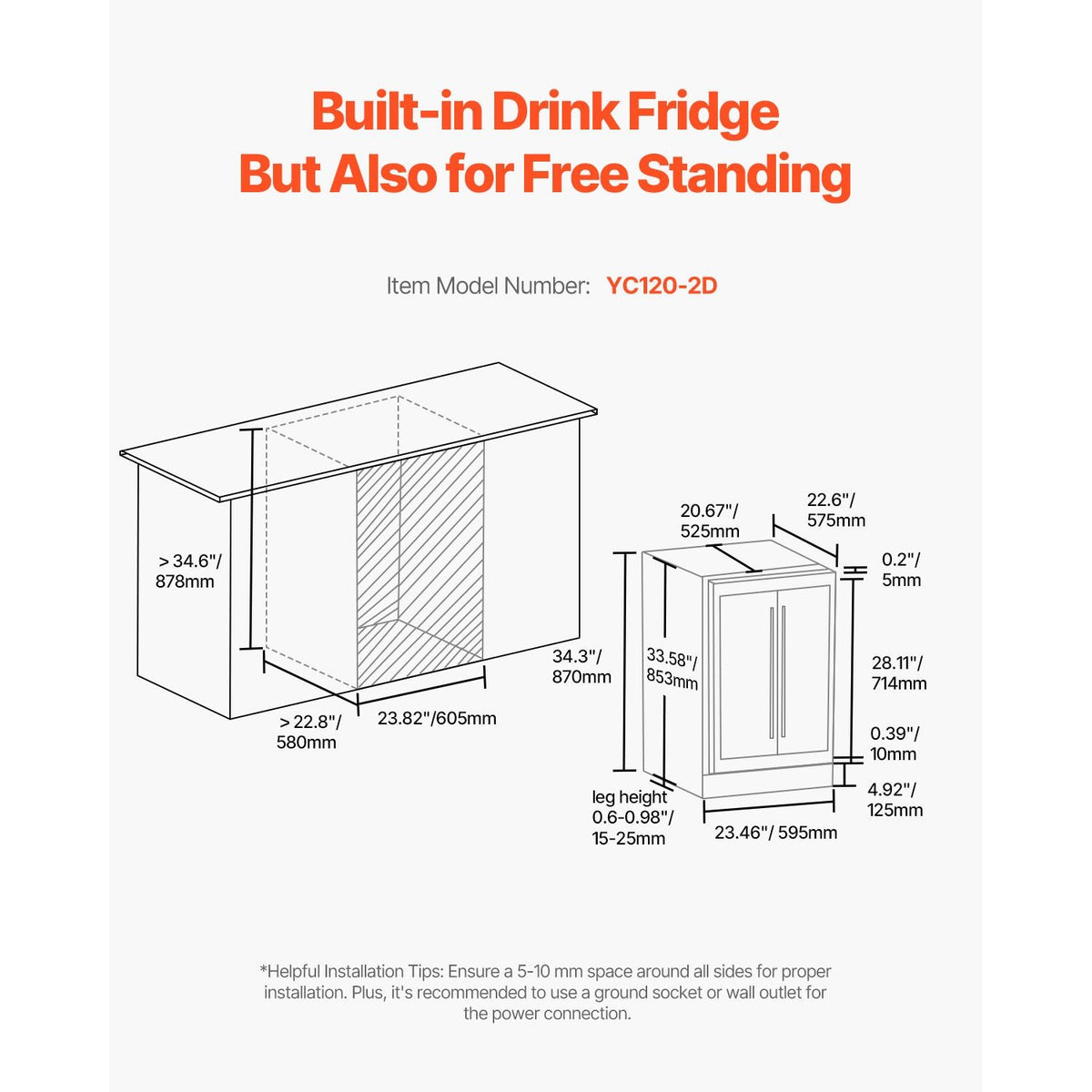 Wine and Beverage Refrigerator, 24 in Dual Zone Wine Cooler, Built-in & Freestanding Fridge with Glass Doors, Adjustable Shelves, Digital Temperature Control, 64 Cans and 20 Bottles Capacity