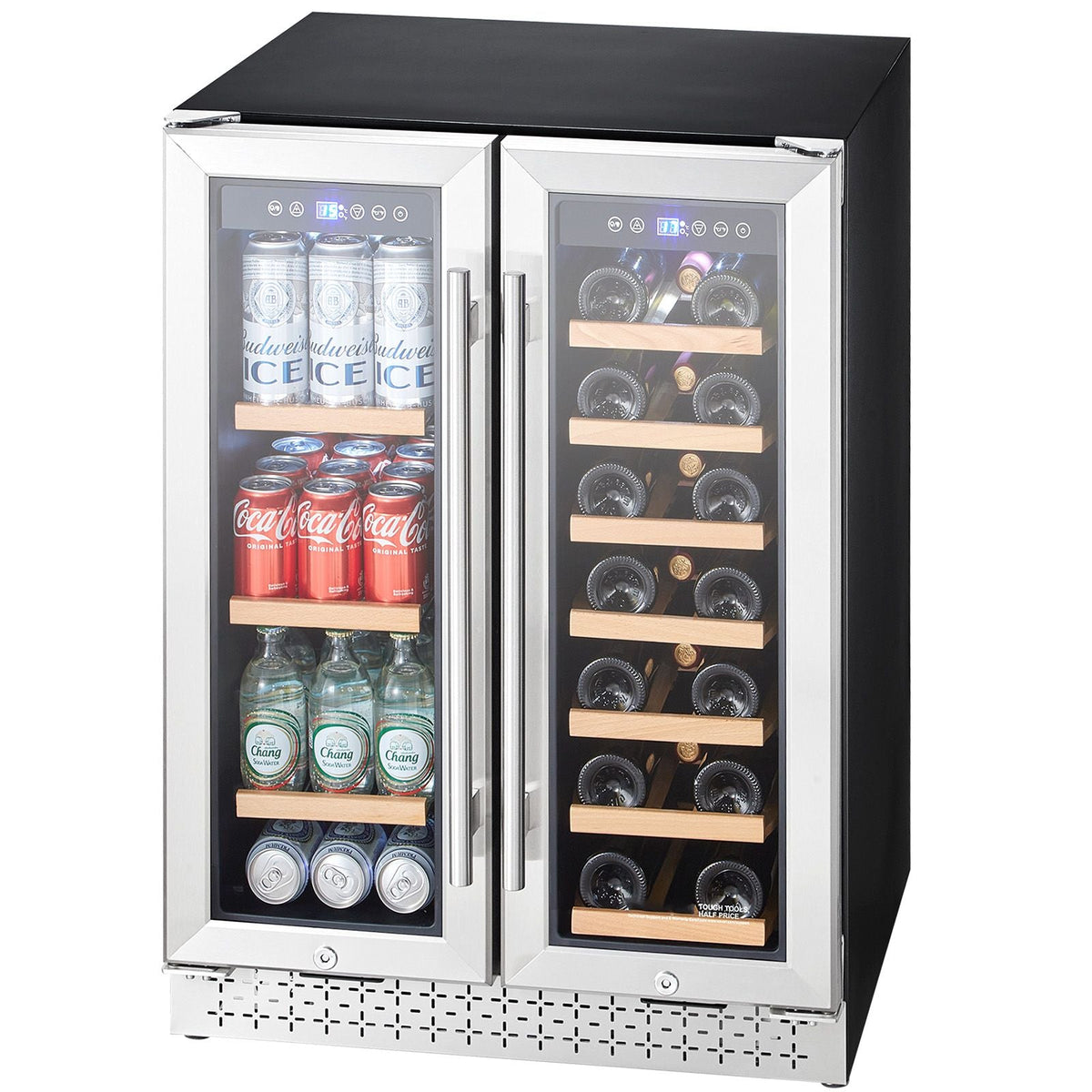 Wine and Beverage Refrigerator, 24 in Dual Zone Wine Cooler, Built-in & Freestanding Fridge with Glass Doors, Adjustable Shelves, Digital Temperature Control, 64 Cans and 20 Bottles Capacity